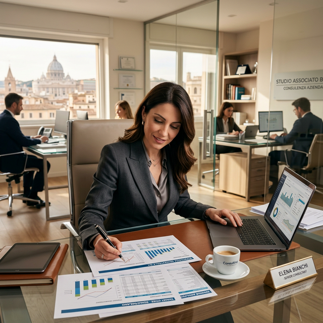 Consulente finanziaria analizza dati strategici